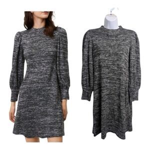 LOFT Black Gray Marled Sweater Dress Mock Neck Long Puff Sleeve Above Knee XS